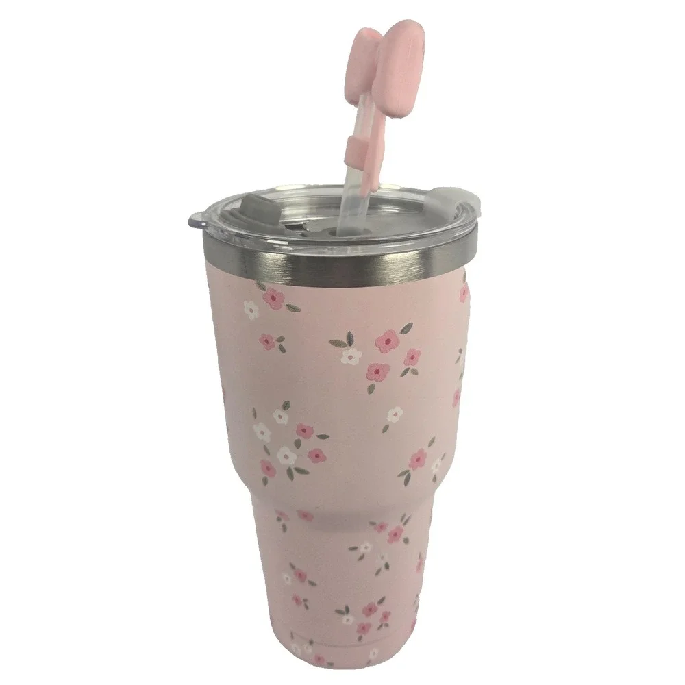 Umii Tumbler 30 oz Pink Floral Stainless Steel Bow Straw Handle Cup New
